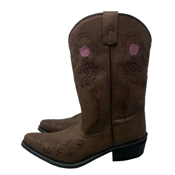 Shyanne Boots Girls 5 Western wear Floral Embroidered Pointed Toe Brown Tan Pink