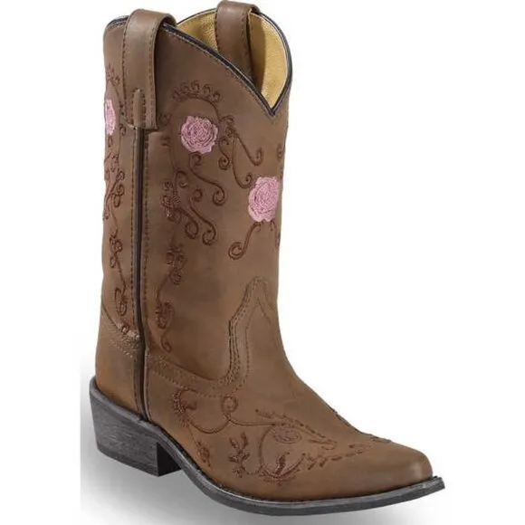 Shyanne Boots Girls 5 Western wear Floral Embroidered Pointed Toe Brown Tan Pink