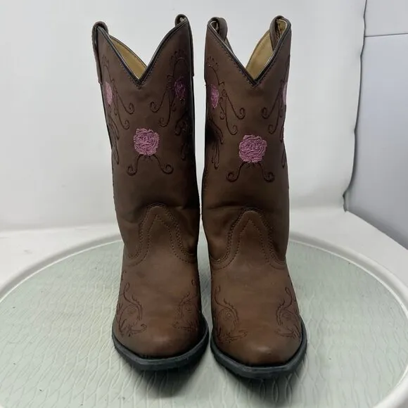 Shyanne Boots Girls 5 Western wear Floral Embroidered Pointed Toe Brown Tan Pink
