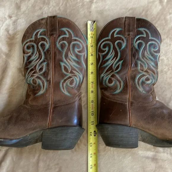 SHYANNE COWGIRL BOOT SIZE 9.5 Brown and Teal. Square toe Leather.