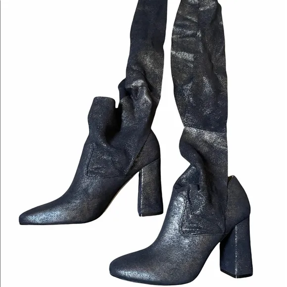 Sigerson Morrison Metallic Sally Sparkling Dark Blue Suede Heel Boots Size 10