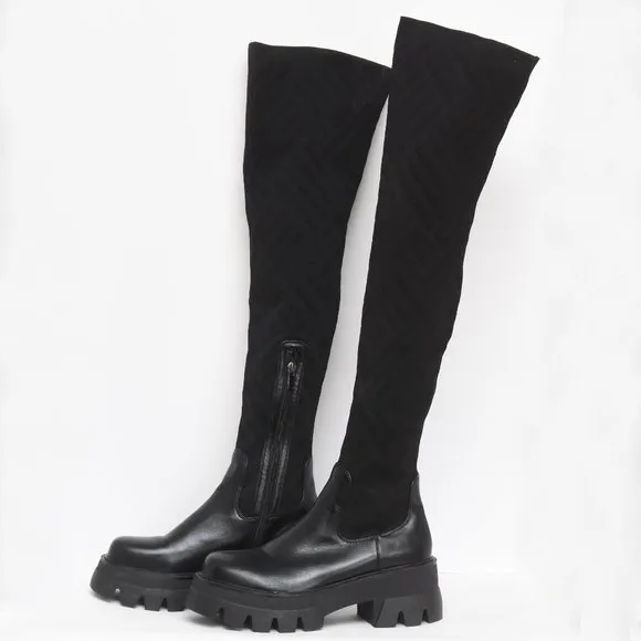 Simmi London Myles Zephyr Black Knit Chunky Thigh High Boots US-8 (UK -6)