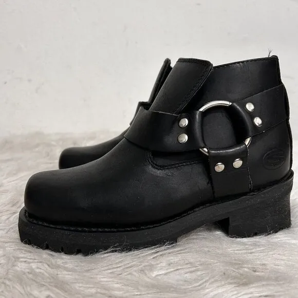 Skechers VTG 90s Black Leather Engineer Biker Boots Ankle Moto Sz 3 Chunky Kid’s