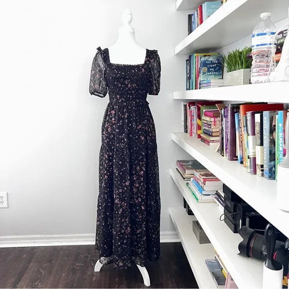 Slate &amp; Willow Black Floral Puff Sleeve Smocked Dress Sz XS