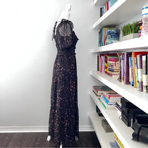 Slate &amp; Willow Black Floral Puff Sleeve Smocked Dress Sz XS