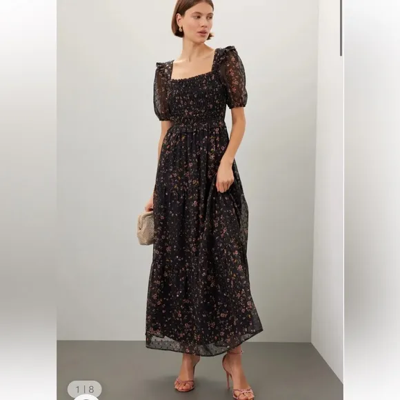 Slate &amp; Willow Black Floral Puff Sleeve Smocked Dress Sz XS