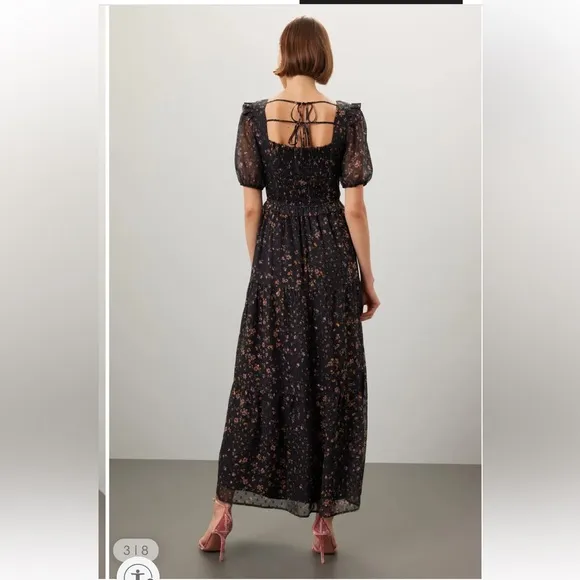 Slate &amp; Willow Black Floral Puff Sleeve Smocked Dress Sz XS