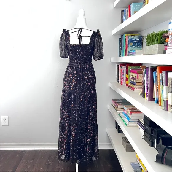 Slate &amp; Willow Black Floral Puff Sleeve Smocked Dress Sz XS