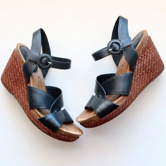 Sofft Casidy Black Leather &amp; Brown Woven Raffia Platform Wedge Heel Sandals 8.5
