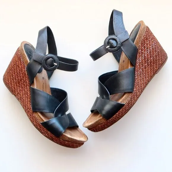 Sofft Casidy Black Leather &amp; Brown Woven Raffia Platform Wedge Heel Sandals 8.5