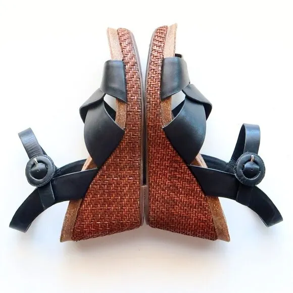 Sofft Casidy Black Leather &amp; Brown Woven Raffia Platform Wedge Heel Sandals 8.5