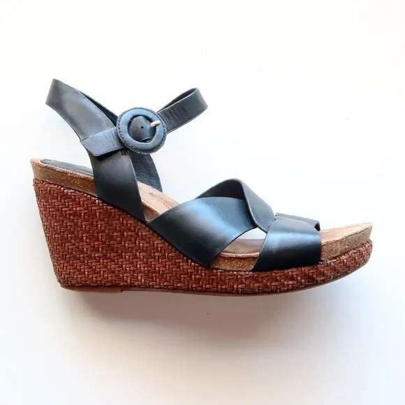 Sofft Casidy Black Leather &amp; Brown Woven Raffia Platform Wedge Heel Sandals 8.5