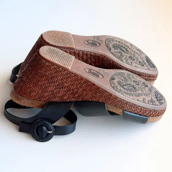 Sofft Casidy Black Leather &amp; Brown Woven Raffia Platform Wedge Heel Sandals 8.5