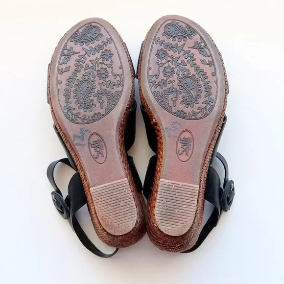Sofft Casidy Black Leather &amp; Brown Woven Raffia Platform Wedge Heel Sandals 8.5