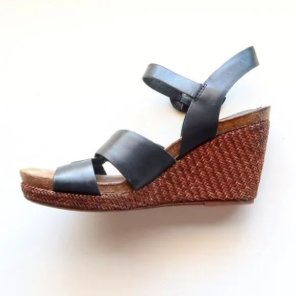 Sofft Casidy Black Leather &amp; Brown Woven Raffia Platform Wedge Heel Sandals 8.5
