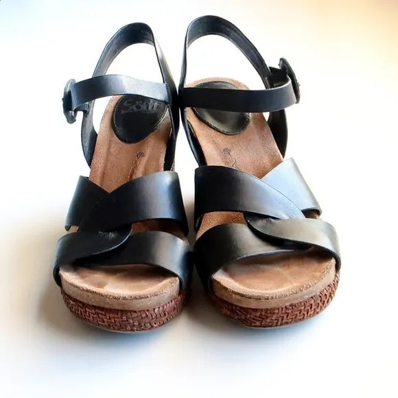 Sofft Casidy Black Leather &amp; Brown Woven Raffia Platform Wedge Heel Sandals 8.5