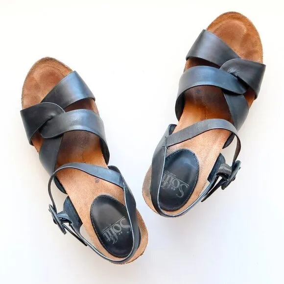 Sofft Casidy Black Leather &amp; Brown Woven Raffia Platform Wedge Heel Sandals 8.5