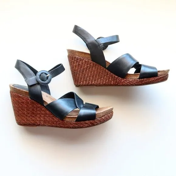 Sofft Casidy Black Leather &amp; Brown Woven Raffia Platform Wedge Heel Sandals 8.5