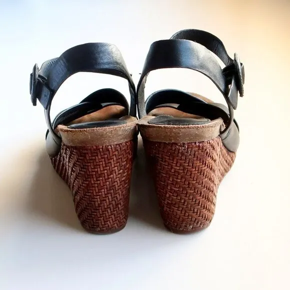 Sofft Casidy Black Leather &amp; Brown Woven Raffia Platform Wedge Heel Sandals 8.5
