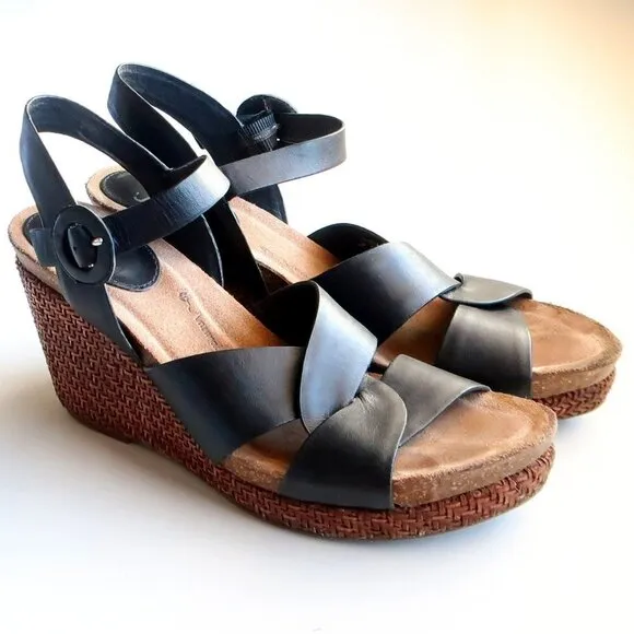 Sofft Casidy Black Leather &amp; Brown Woven Raffia Platform Wedge Heel Sandals 8.5