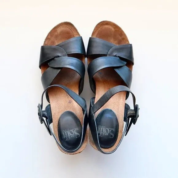 Sofft Casidy Black Leather &amp; Brown Woven Raffia Platform Wedge Heel Sandals 8.5