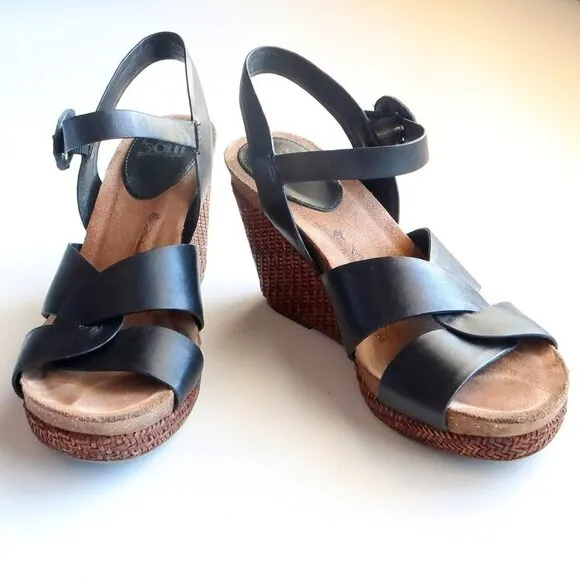 Sofft Casidy Black Leather &amp; Brown Woven Raffia Platform Wedge Heel Sandals 8.5