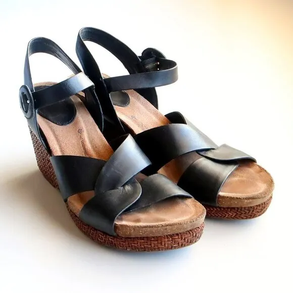 Sofft Casidy Black Leather &amp; Brown Woven Raffia Platform Wedge Heel Sandals 8.5