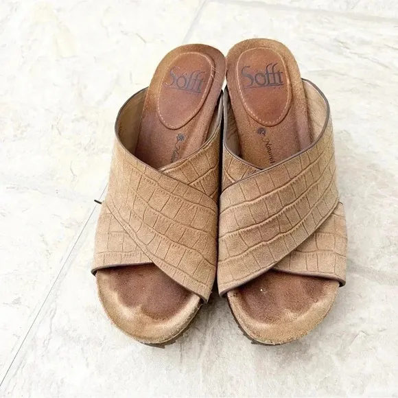 Sofft Leather Ciera Croc Embossed Wood Wedge Open Toe Sandals Shoes Size 6