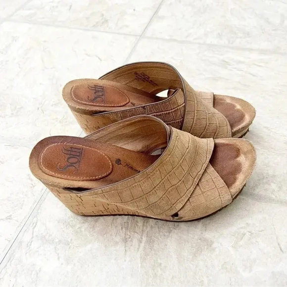 Sofft Leather Ciera Croc Embossed Wood Wedge Open Toe Sandals Shoes Size 6