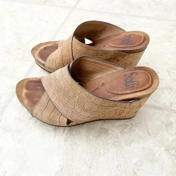 Sofft Leather Ciera Croc Embossed Wood Wedge Open Toe Sandals Shoes Size 6