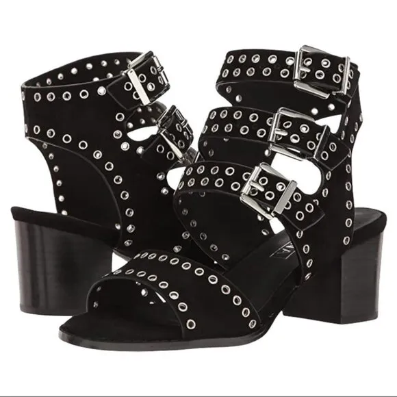 Sol Sana Black Sweet Pea Black Studded Suede Block Heeled Sandals Size 39