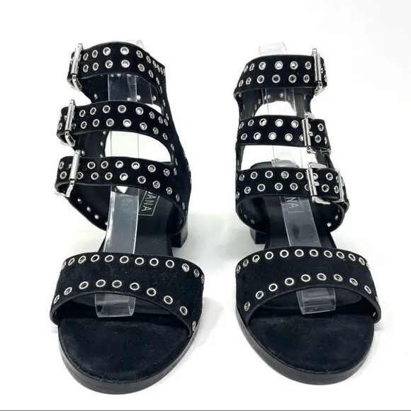 Sol Sana Black Sweet Pea Black Studded Suede Block Heeled Sandals Size 39