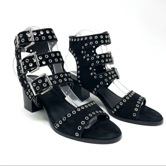 Sol Sana Black Sweet Pea Black Studded Suede Block Heeled Sandals Size 39