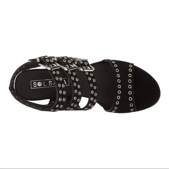 Sol Sana Black Sweet Pea Black Studded Suede Block Heeled Sandals Size 39