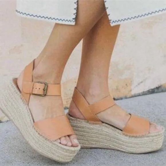 Soludos Sandals Platform Minorca Espadrille Leather Nude Brown Size 8 NEW