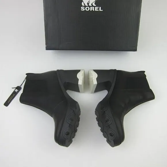 Sorel 10 Black Leather Boots High Heel Chelsea Ankle Waterproof NEW IN BOX