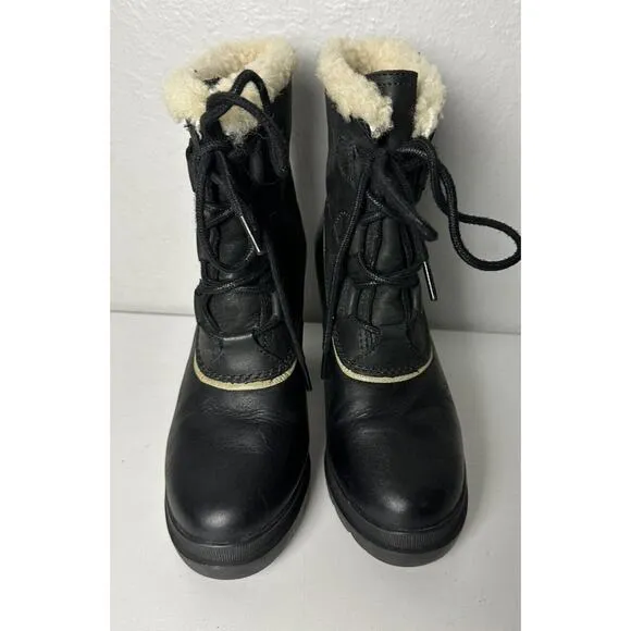 Sorel Dacie Lace High Heel Boots Black Leather Winter Size 6.5 Waterproof Sherpa