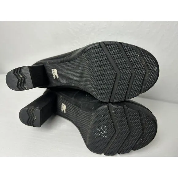 Sorel Dacie Lace High Heel Boots Black Leather Winter Size 6.5 Waterproof Sherpa