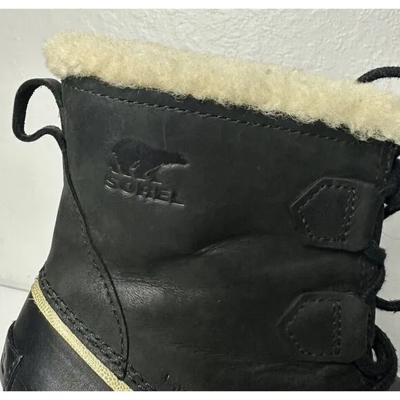 Sorel Dacie Lace High Heel Boots Black Leather Winter Size 6.5 Waterproof Sherpa
