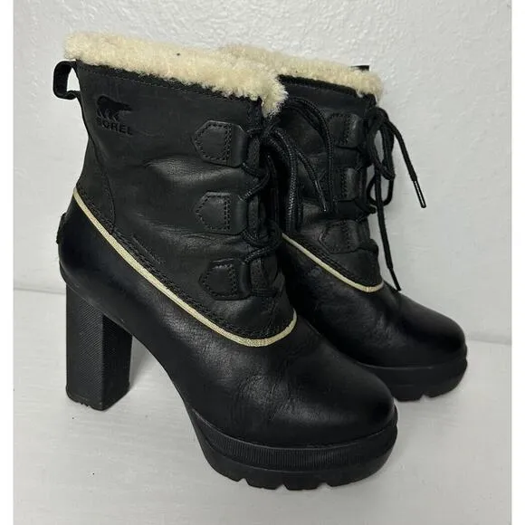 Sorel Dacie Lace High Heel Boots Black Leather Winter Size 6.5 Waterproof Sherpa