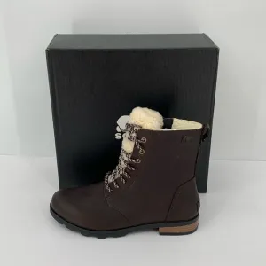 Sorel Emelie Short Lace Cozy Boots brown leather shearling winter waterproof 8