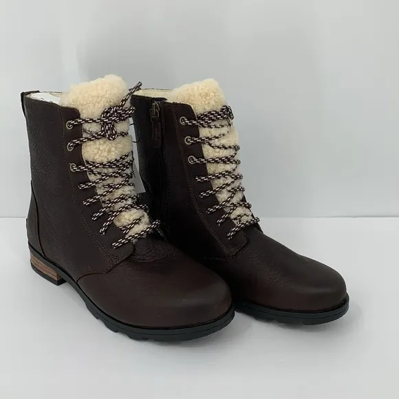 Sorel Emelie Short Lace Cozy Boots brown leather shearling winter waterproof 8