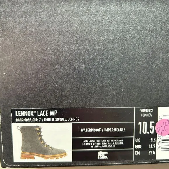 Sorel Lennox Suede Lace Lug Sole Waterproof Boot Dark Moss, Gum 2 Women 10.5 NWB