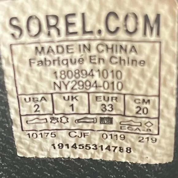 Sorel Unisex Madson Black Waterproof Hiker Boots Size 2 Style NY2994-010
