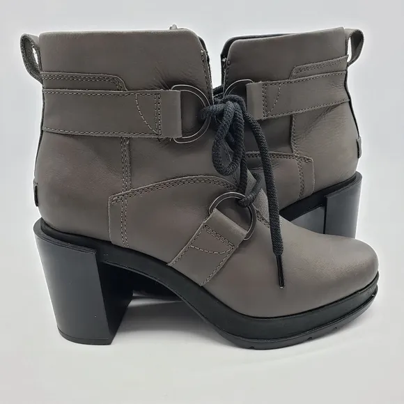 Sorel women US 7 quarry gray leather MARGO boots lace up block heel NL3053-042