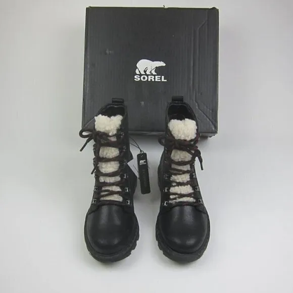 SOREL Womens 7 Black Leather Boots Lace Up Shearling Trim Waterproof NEW IN BOX