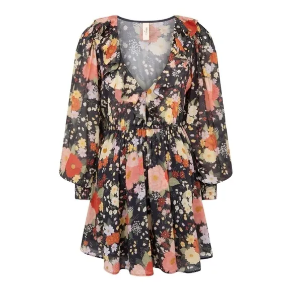 SPELL &amp; THE GYPSY Sangria Black Floral Long Sleeve V Neck Mini Playdress Medium