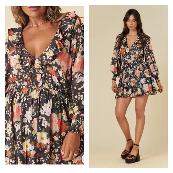 SPELL &amp; THE GYPSY Sangria Black Floral Long Sleeve V Neck Mini Playdress Medium