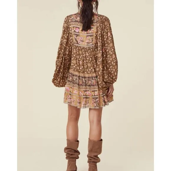 Spell Designs Madame Peacock Boho Mini Dress Coffee Brown Size Small