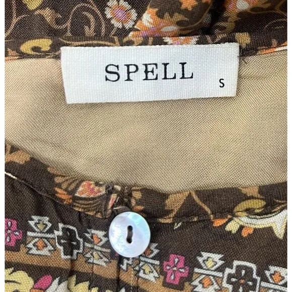 Spell Designs Madame Peacock Boho Mini Dress Coffee Brown Size Small